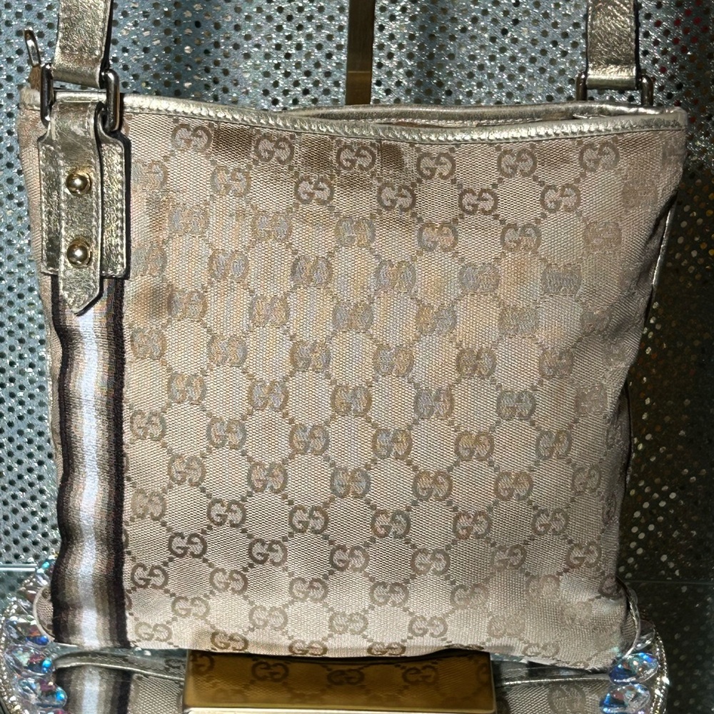 Gucci Monogram Beige and Gold Crossbody Bag 10” x 9”